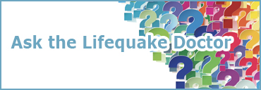 a clip art of a bunch of questions, each a different color. Text reads "Ask the Lifequake Doctor"