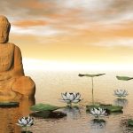 a photo of a giant Buddha statue on a pont, with lily pads and plants