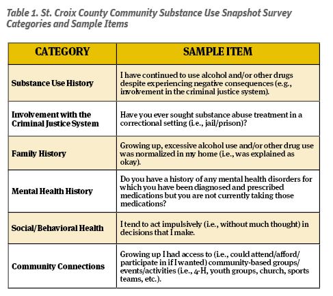 Table 1: St. Croix County Community Substance Use Snapshot Survey Categories and Sample Items