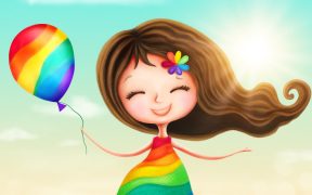 an illustration of a white girl with brown hair wearing a Pride-colored dress, holding a Pride-colored balloon in her right hand