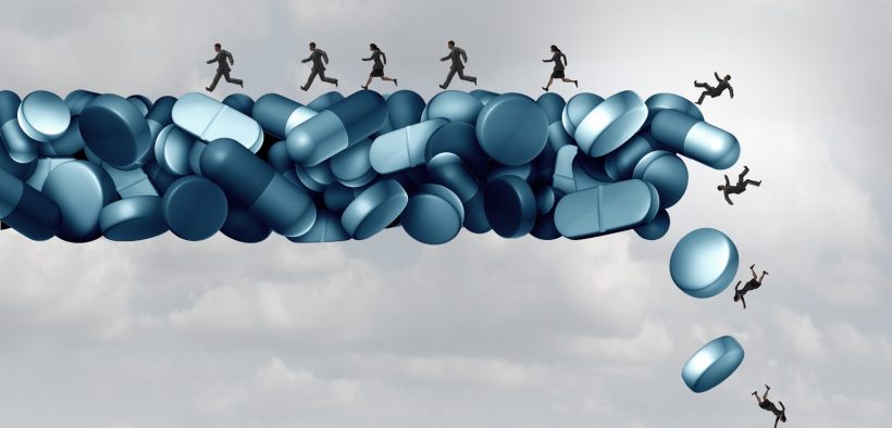Opioid health risk and medical crisis with a prescription painkiller addiction epidemic concept as a group of people running away from a dangerous falling bridge of pills as a medicine addict problem with 3D illustration elements.
