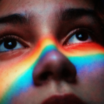 a young adult in shadow with a light of rainbow over the middle of the face