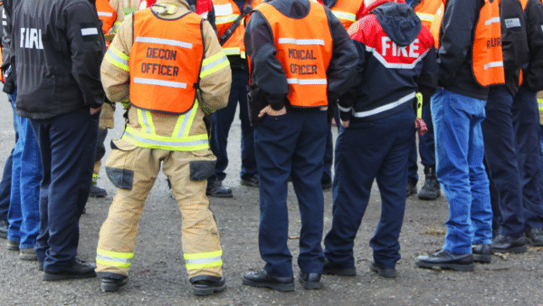 a group of people cropped from the shoulders down with jackets that say “Fire” and other disaster-response-related things on them, standing on gravel