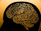 an illustration of an outline of a person’s head with a fingerprint pattern overlaid over their brain. Black illustration on a tan background.