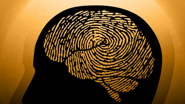 an illustration of an outline of a person’s head with a fingerprint pattern overlaid over their brain. Black illustration on a tan background.
