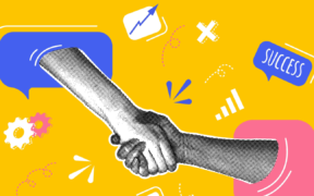 a yellow background with two hands that look like newsprint shaking; various business-style icons are throughout