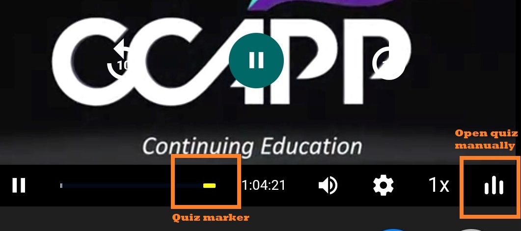 Video player showing the yellow quiz marker and white vertical bars used to open the quiz
